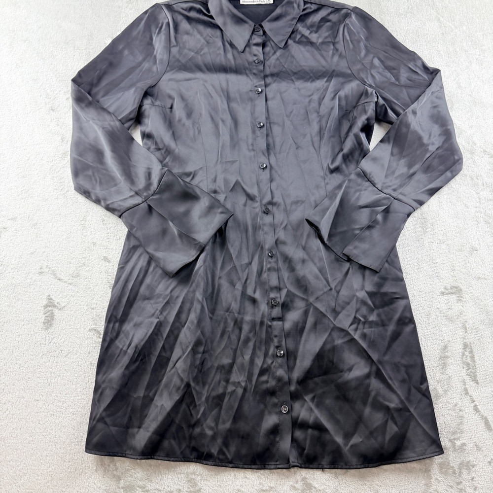 Abercrombie & Fitch Women's Medium Black Satin Button Down Shirt Dress